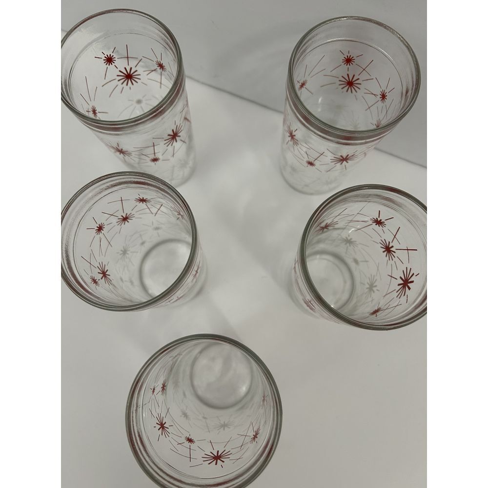 5 Vintage Hazel Atlas Red &White Atomic Starburst 5.5" Glass Tumblers SKU 1484 - Picture 6 of 7